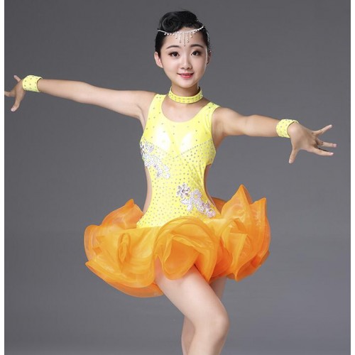 Yellow  ballroom latin dresses diamond competition stage performance professional rumba chacha dancing costumes